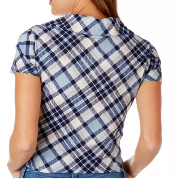Plaid Ruched Front Short Sleeve Crop Top - Picture 2 of 7